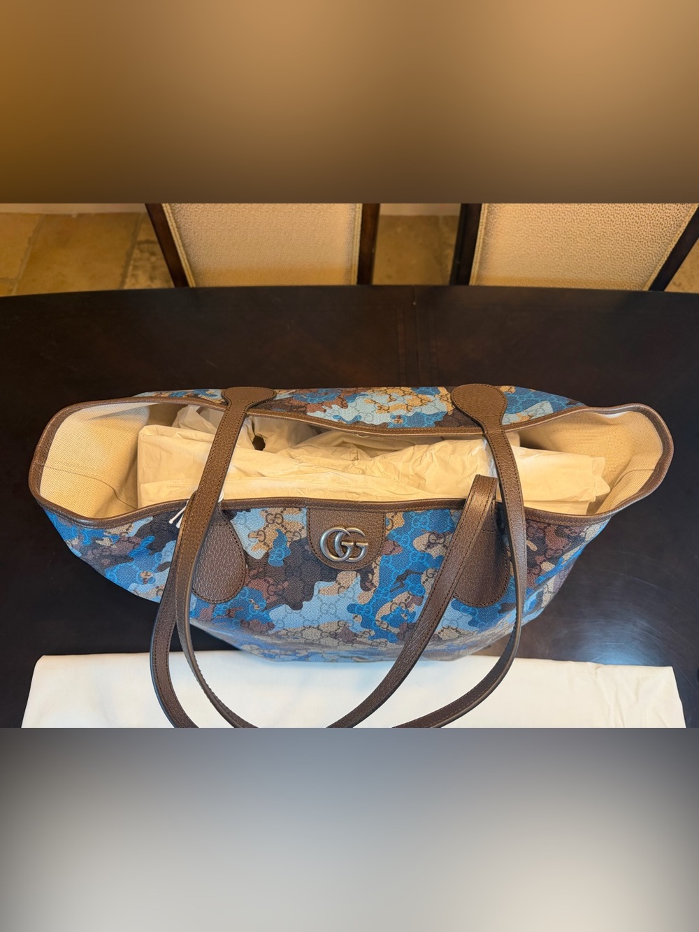 New Authentic Gucci GG Supreme Logo Tote Bag and Pouch Blue Brown Large - Picture 10 of 16